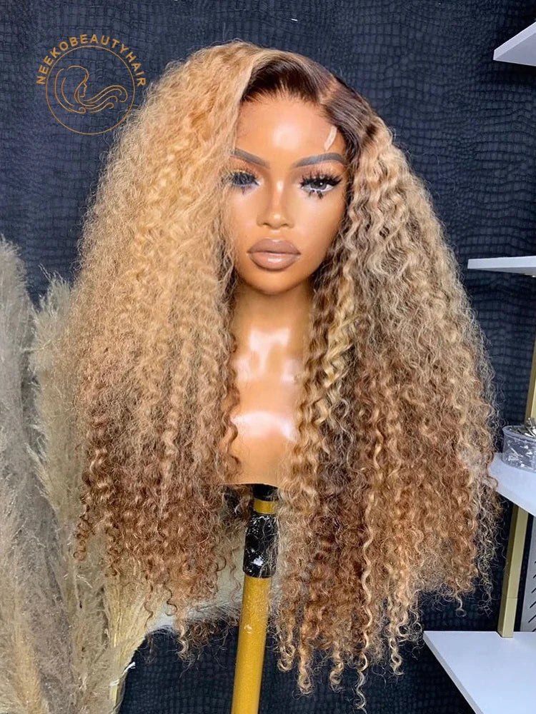 Ombre Honey Blonde Highlight Wig Human hair 13X6 Transparent Kinky Curly Lace Front Wigs with Brown Roots