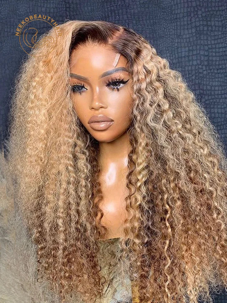 Ombre Honey Blonde Highlight Wig Human hair 13X6 Transparent Kinky Curly Lace Front Wigs with Brown Roots