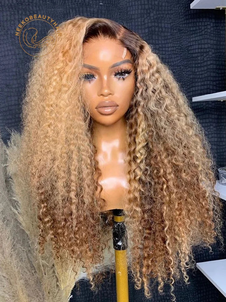Ombre Honey Blonde Highlight Wig Human hair 13X6 Transparent Kinky Curly Lace Front Wigs with Brown Roots